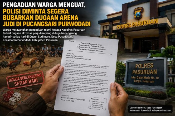 
					Menunjukkan kemarahan warga terkait perjudian di Dusun Sudimoro, Kecamatan Purwodadi, Pasuruan. 