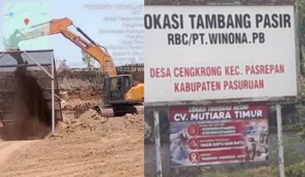 Alat berat terlihat beroperasi di lokasi aktivitas pertambangan CV Mutiara Timur di Kec. Pasrepan, Kab. Pasuruan.